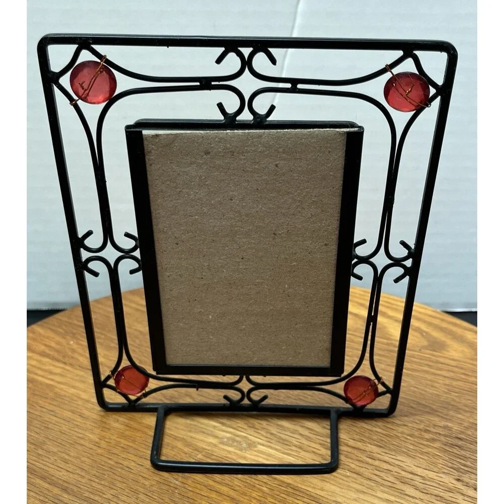 Vintage Black Scrollwork Metal Frame w/Translucent Red Gem Cabochons 3.5 x 5